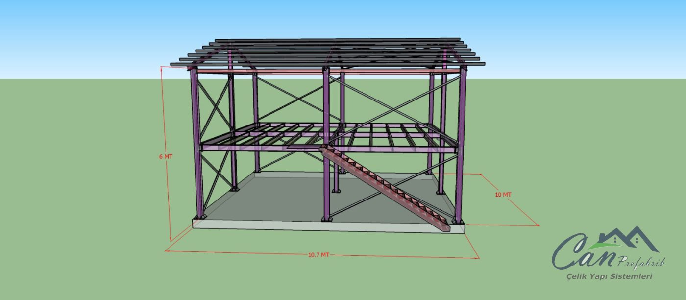 107 m² Ağır Çelik İskelet (10,7 × 10 m)