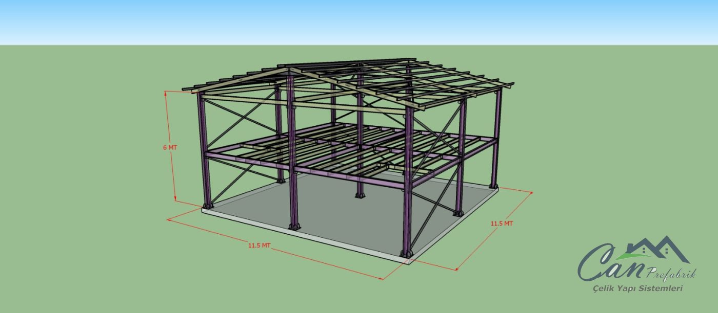 132 m² Ağır Çelik İskelet (11,5 × 11,5 m)